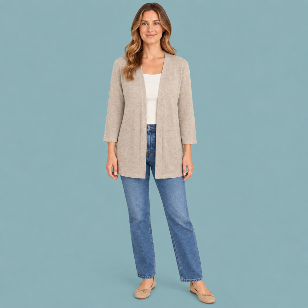 Eileen Fisher Small S Beige System Open Front 3/4 Sleeve Linen Cardigan Sweater
